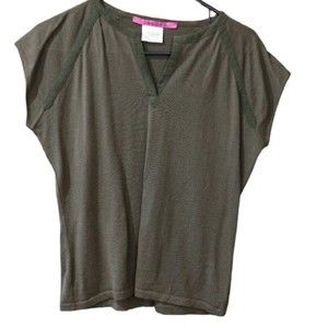 Jaeger Green Short Sleeve Vneck 90s Baby Tshirt Top Merino Wool Ribbon Trim LG